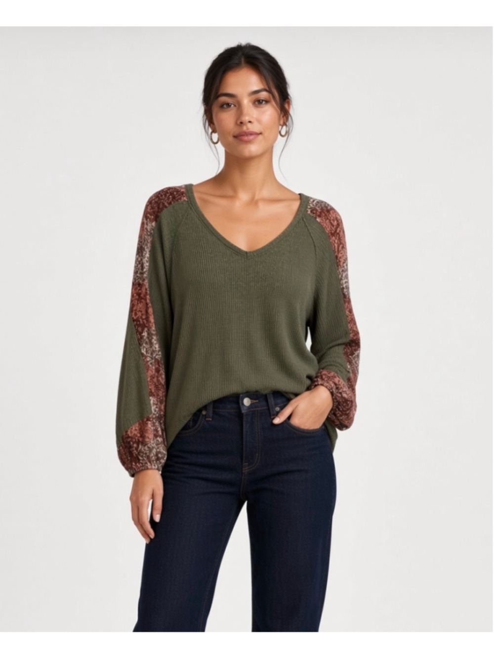 Perch by Blu Pepper Green Floral Patchwork Sleeve Waffle Knit Top Blouse 2XL